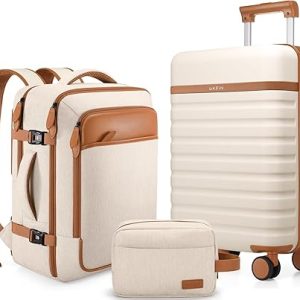 Luggage Sets 3 Piece, Carry On Luggage 20In With Spinner Wheels,PC Hardside Suitcase Set with TSA Lock,Durable Carry On Suitcase With Travel Backpack for Men (Beige, 3 piece set (20inch))